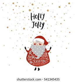 Merry christmas card with cute santa claus, stars and hand drawn letters isolated on white background. Happy new year illustration for design greeting cards, prints, posters. Holly Jolly