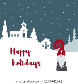 Merry Christmas card with cute scandinavian gnome, rustic landscape and text Happy Holidays. Tomte gnome illustration. Happy New Year vector design template.