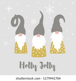 Merry christmas card with cute scandinavian gnomes, snowflakes and text Holly Jolly. Tomte gnome illustration. Happy New Year vector design template.