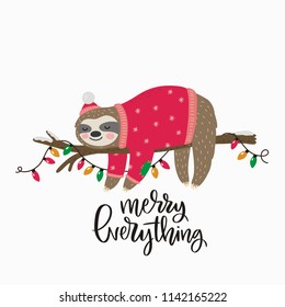 Merry Christmas Card With Cute Sloth. Hello Winter Print. Happy New Year Card