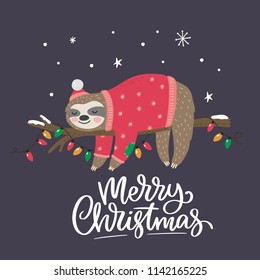 Merry Christmas card with cute sloth. Hello Winter print. Happy New Year card