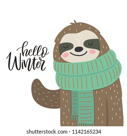 Merry Christmas card with cute sloth. Hello Winter print. Happy New Year card