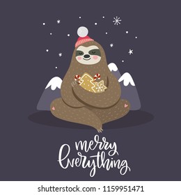 Merry Christmas card with cute sloth. Hello Winter print. Happy New Year card