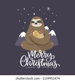 Merry Christmas card with cute sloth. Hello Winter print. Happy New Year card