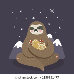 Merry Christmas card with cute sloth. Hello Winter print. Happy New Year card