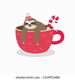 Merry Christmas card with cute sloth. Hello Winter print. Happy New Year card