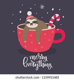 Merry Christmas card with cute sloth. Hello Winter print. Happy New Year card