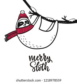 Merry Christmas card with cute sloth. Hello Winter print. Happy New Year card