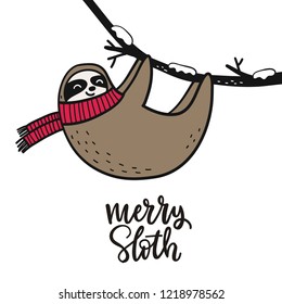 Merry Christmas card with cute sloth. Hello Winter print. Happy New Year card