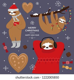 Merry Christmas card with cute sloth. Hello Winter print. Happy New Year card. Vector sloth illustration set