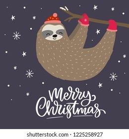 Merry Christmas card with cute sloth. Hello Winter print. Happy New Year card