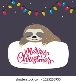 Merry Christmas card with cute sloth. Hello Winter print. Happy New Year card