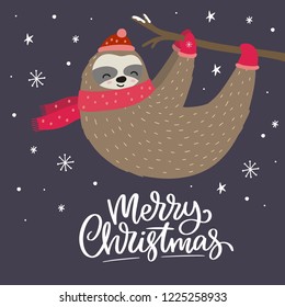 Merry Christmas card with cute sloth. Hello Winter print. Happy New Year card