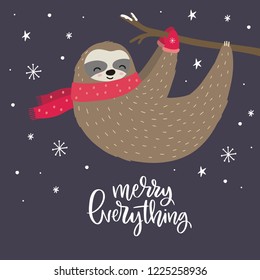 Merry Christmas card with cute sloth. Hello Winter print. Happy New Year card