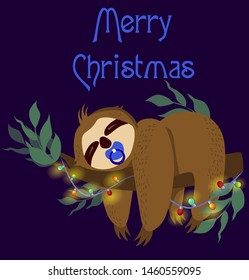 Merry Christmas card with cute sloth. Hello Winter print. Happy New Year card