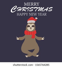 Merry Christmas card with cute sloth. 