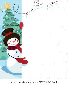 Merry christmas card, cute snowman in a hat holding a board with copy space for text, modern template for design, christmas sale. Flat vector illustration.