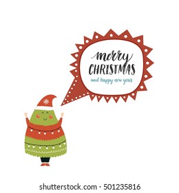 Merry christmas card with cute tree, retro speech bubble and hand drawn letters isolated on white background. Happy new year illustration