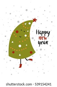 Merry christmas card with cute tree and hand drawn letters isolated on white background. Happy new year illustration for design greeting cards, prints, posters.