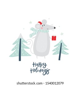 Merry Christmas card with cute winter mouse. 2020 happy new year print