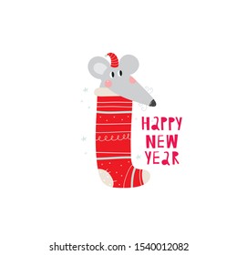 Merry Christmas card with cute winter mouse. 2020 happy new year print