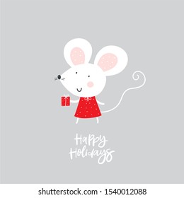 Merry Christmas card with cute winter mouse. 2020 happy new year print