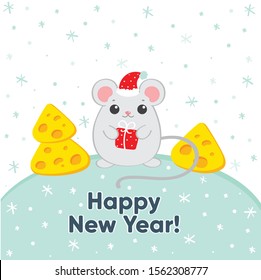 Merry Christmas card with a cute winter mouse and a Christmas tree made of cheese. 2020 happy new year