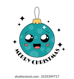 Merry Christmas card. Cute Xmas tree ornament with cheerful face and smile. Adorable bauble vector illustration. Doodle Christmas decoration and text, happy character in groovy and kawaii style