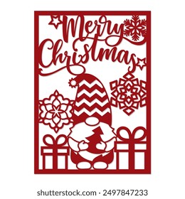 Merry Christmas card, cutting template, Christmas Gnome and giftboxes.