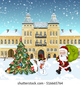 Merry Christmas card .Decorated holiday tree and snowman .Santa Claus is coming to town.