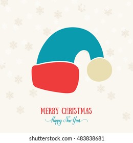 Merry Christmas card decoration. Happy New Year element design. Vintage blue Santa hat with red fur and yellow pompon. Character cap artwork template for winter holiday sale and shopping.