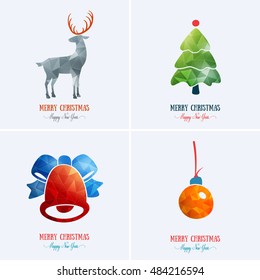 Merry Christmas card decoration. Happy New Year element design. Set of colourful vintage deer, Christmas tree, toy, bell with bow. Artwork set template for winter holiday sale.