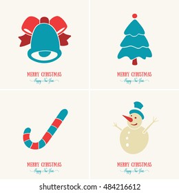Merry Christmas card decoration. Happy New Year element design. Set of colourful vintage bell, Christmas tree, striped candy, snowman with top hat.  Artwork set template for winter holiday sale.