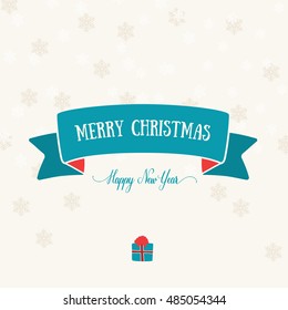 Merry Christmas card decoration. Happy New Year icon element design. Blue, red, folding ribbon for text and snowflakes. Character, symbol template for winter holiday sale. Gift box. Vector.