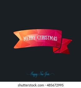 Merry Christmas card decoration. Happy New Year icon element design. Red, polygonal triangular folding ribbon. Modern character, symbol template for winter holiday sale. Abstract vector.