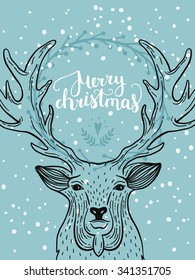 Merry Christmas card with deer, hand drawn lettering and wreath on xmas background. Hand drawn hipster poster