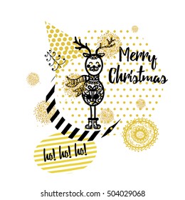 Merry Christmas card, deer. Hand-drawn, doodle. memphis style. Vector illustration.