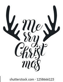 Merry Christmas card with deer horns and lettering on white background. Template for greeting, winter holiday cards, posters, banners and covers.