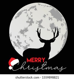 Merry Christmas card. Deer and moon at night. Black, white and red. Santa's hat. Winter holiday greeting card. Invitation card.