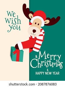 Merry Christmas card with deer and present box
