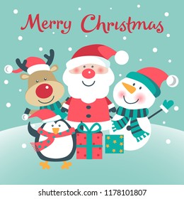 Merry Christmas card with deer, santa, penguin and snowman. Vector illustration.