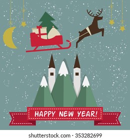 Merry Christmas card with deer and sleigh. Vector illustration. EPS8