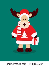 Merry Christmas card with deer, sugar cane and presents bag. Cartoon character of a man with beard. Vector illustration