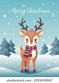 merry christmas card with deer and trees snowflakes