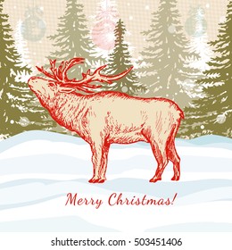 Merry Christmas card deer in winter forest, winter christmas background. Christmas reindeer hand drawn 