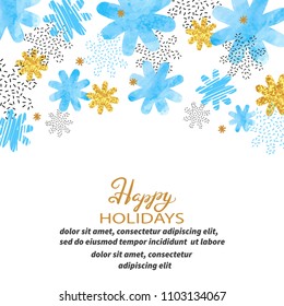 Merry Christmas card design with abstract watercolor blue snowflakes. Vector winter background.