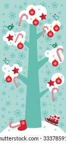 Merry Christmas card design Big tree with white snow on the branches, birds and red christmas decorations. Candy, balls, stars, sock, sleigh with gifts on sky-blue sky background. Vector