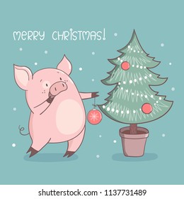 Merry Christmas card design with cute cartoon pig. Vector illustration.