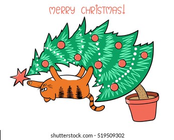 Merry Christmas card design. Cute cat on Christmas tree. Vector holiday illustration. 