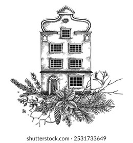 Merry Christmas card design. European architecture sketch. Vintage house drawing. Winter tree hand-drawn vector illustration. Floral backgroud  NOT AI generated